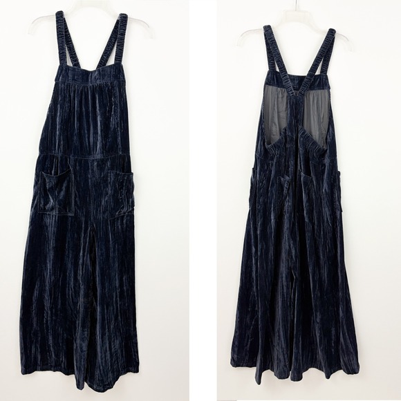 Natural Life Blue Gray Crushed Velvet Wide Leg Jumpsuit Overalls Size M Boho - Picture 9 of 9